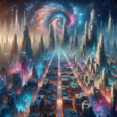 The primary subject of the image is a futuristic cityscape with a long, narrow street surrounded by tall buildings. The setting is a digital artwork, featuring a vibrant color palette and a surreal atmosphere. The visual style is a combination of photo-realism and digital art, creating a unique and captivating scene.